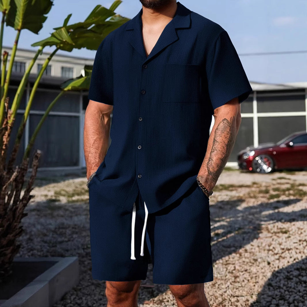 Mens Cotton Linen Short Sleeve Shirt Set