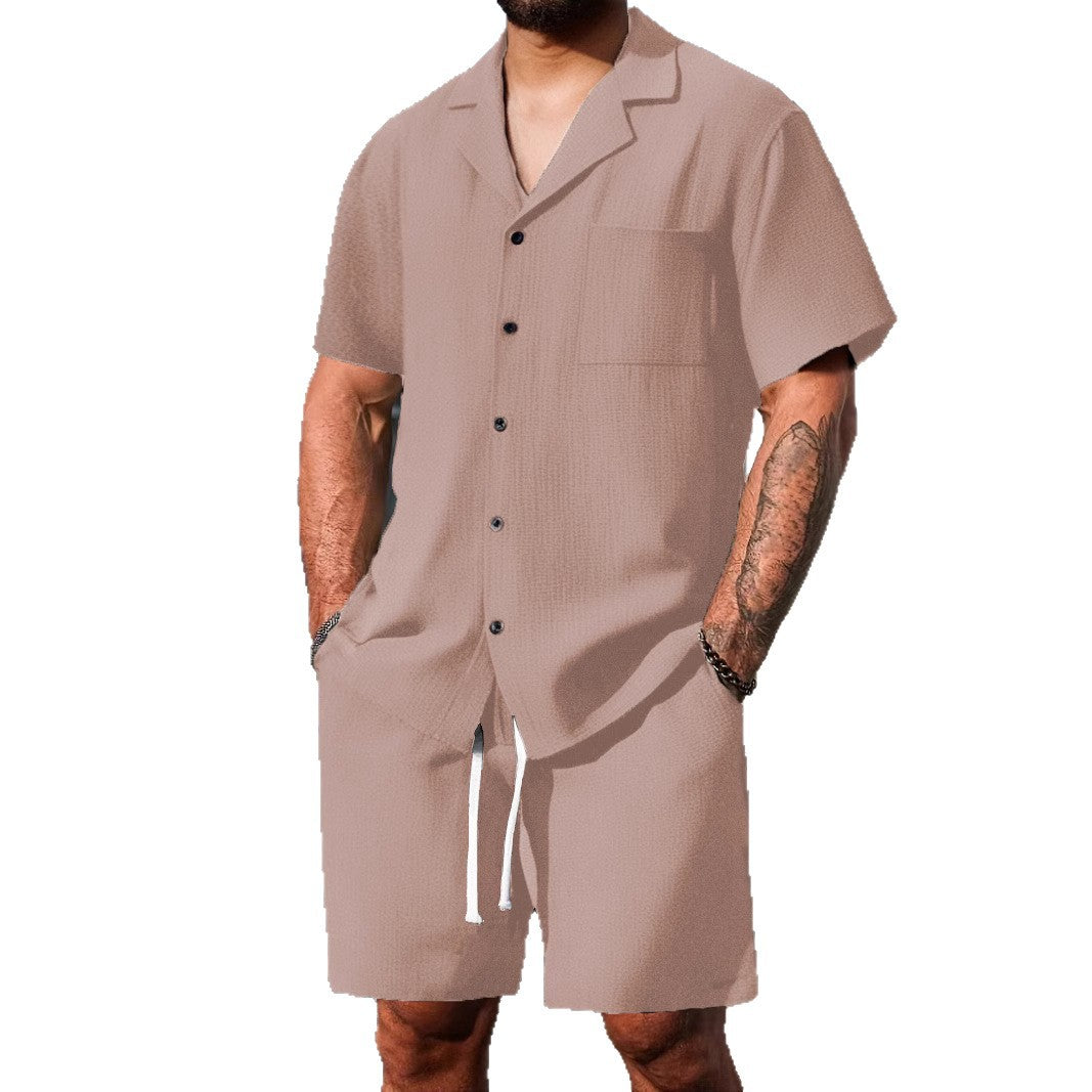 Mens Cotton Linen Short Sleeve Shirt Set
