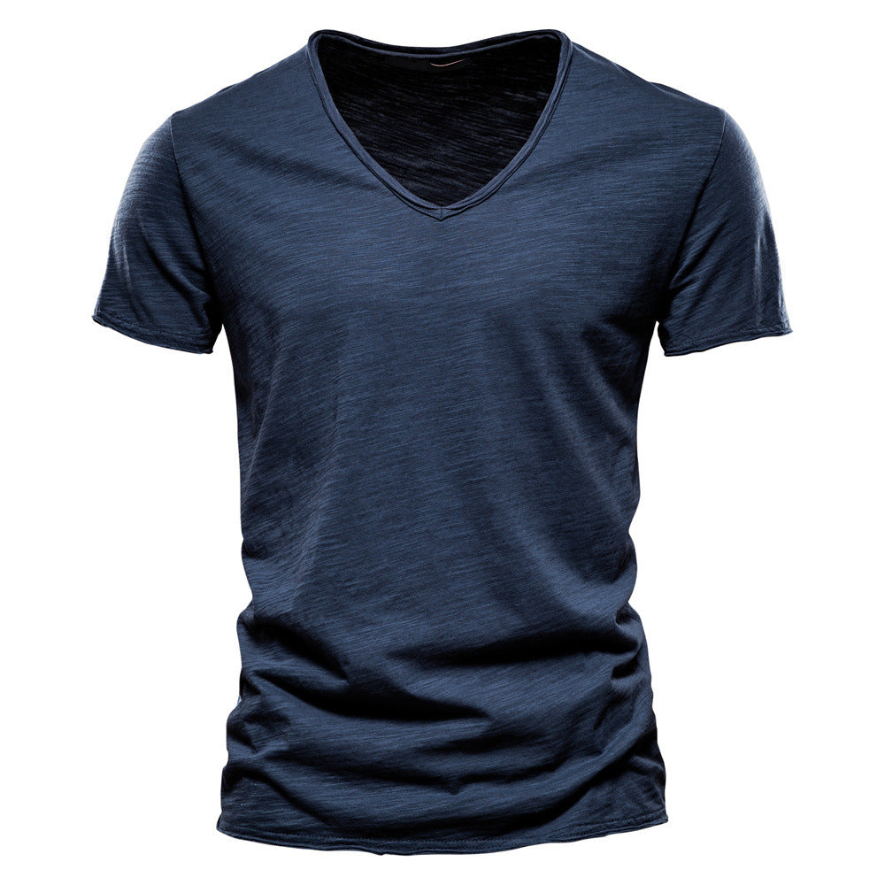 Mens Solid Color V-Neck Cotton T-Shirt
